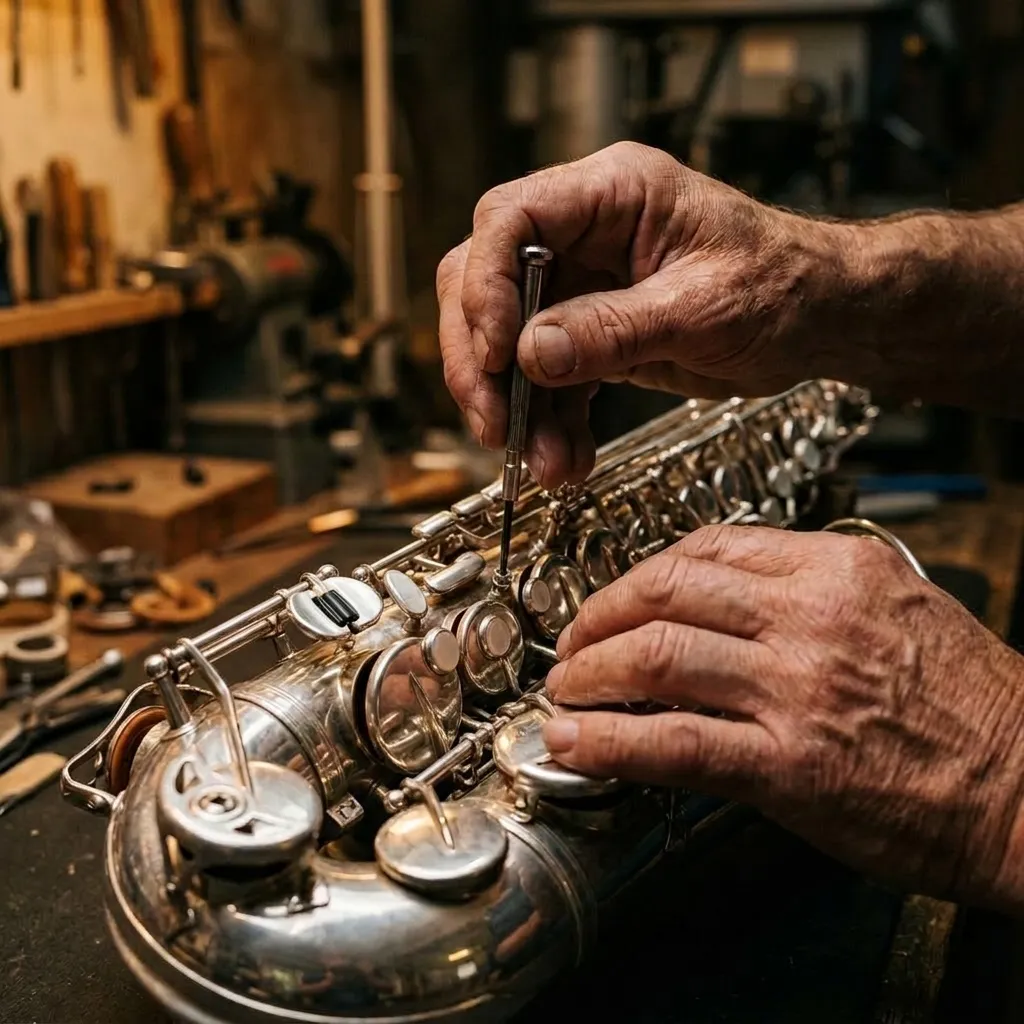 Craftsman adjusting saxophone keys