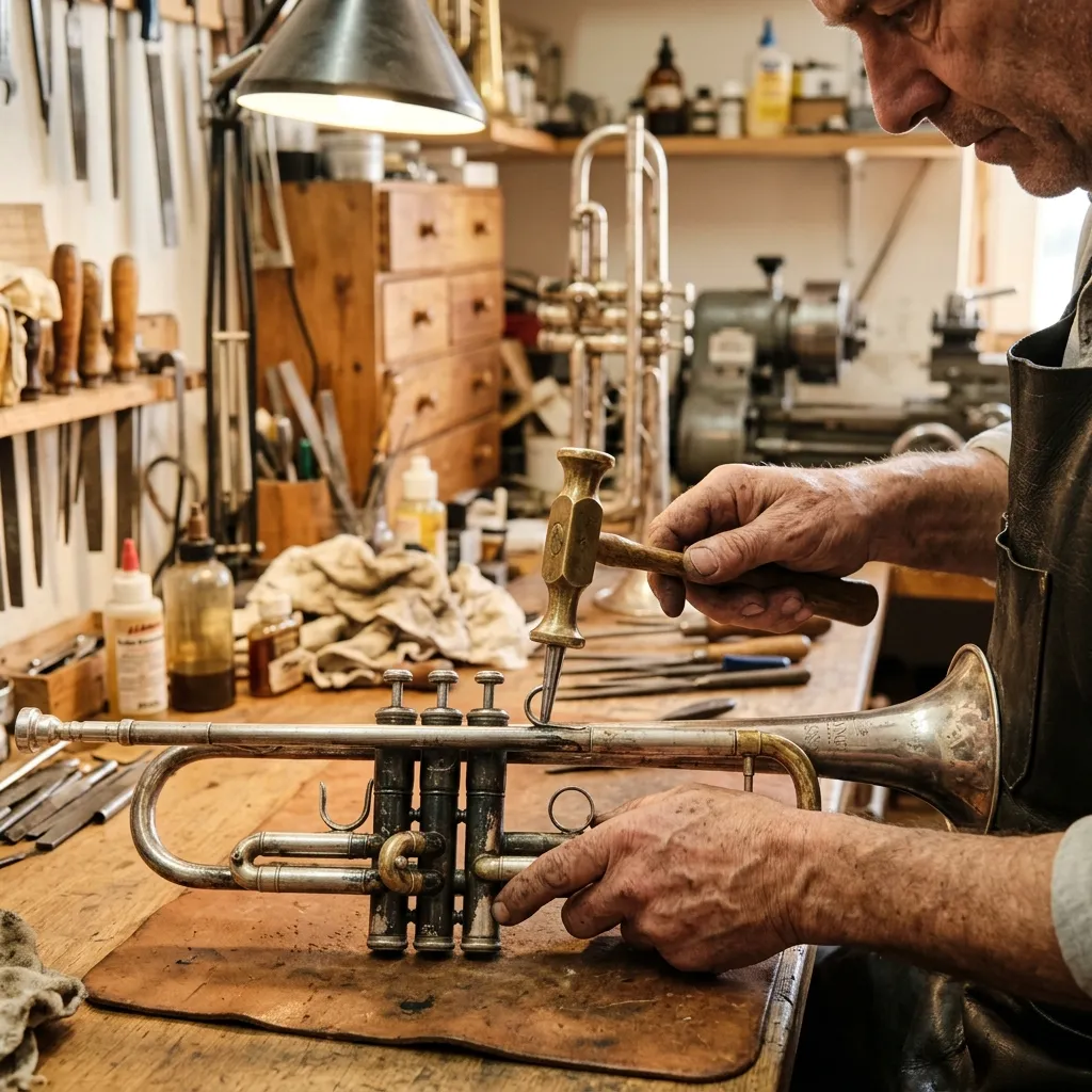 Craftsman repairing a brass trumpet